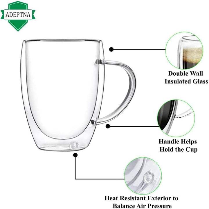 Finest Large Pack of 2 Double Wall Glass Mugs Insulated Glass with Handle - (2 X 350ML)