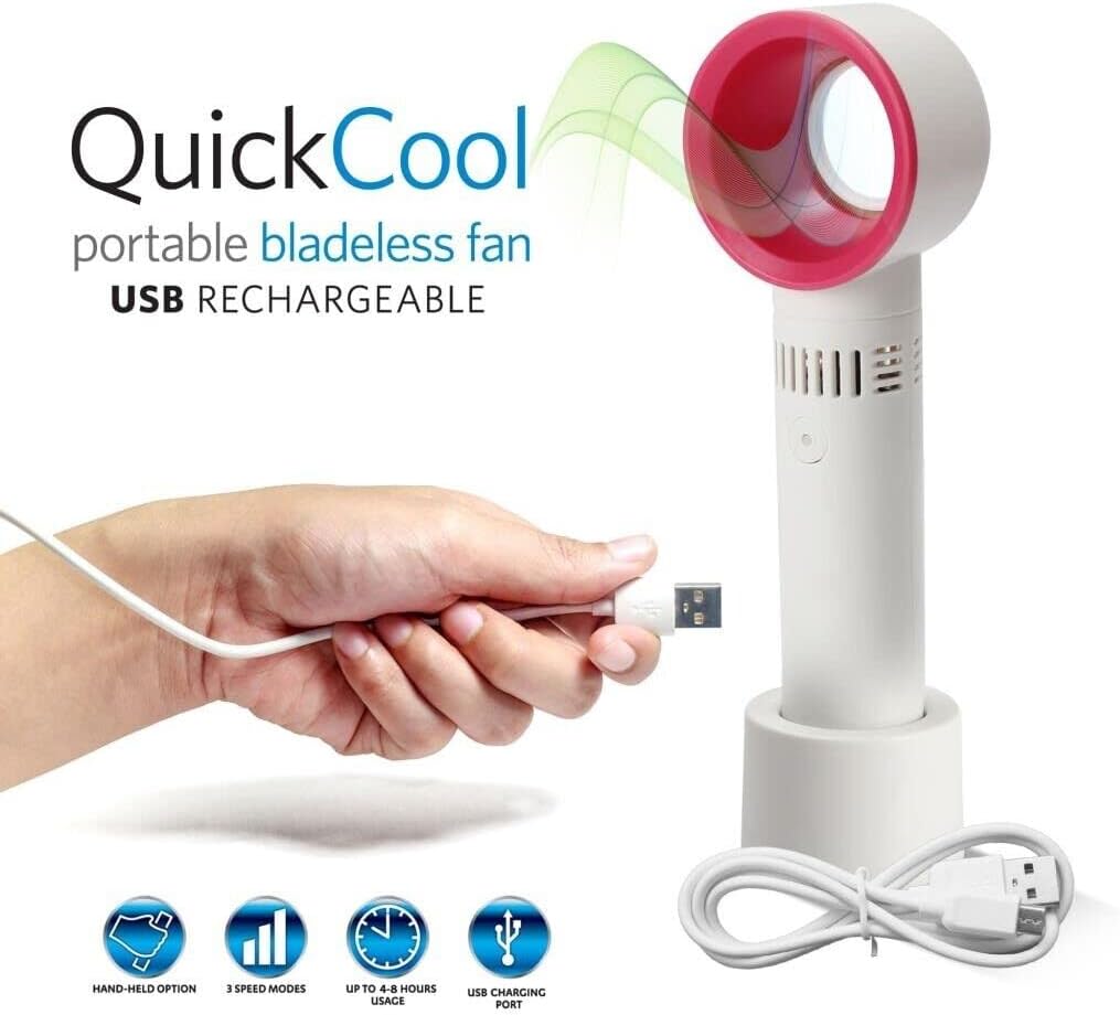 ADEPTNA Quick Cool Portable Bladeless Fan Hand Held Desktop Mini Portable USB Rechargeable Cooler Fan – 3 Speed Modes (WHITE)