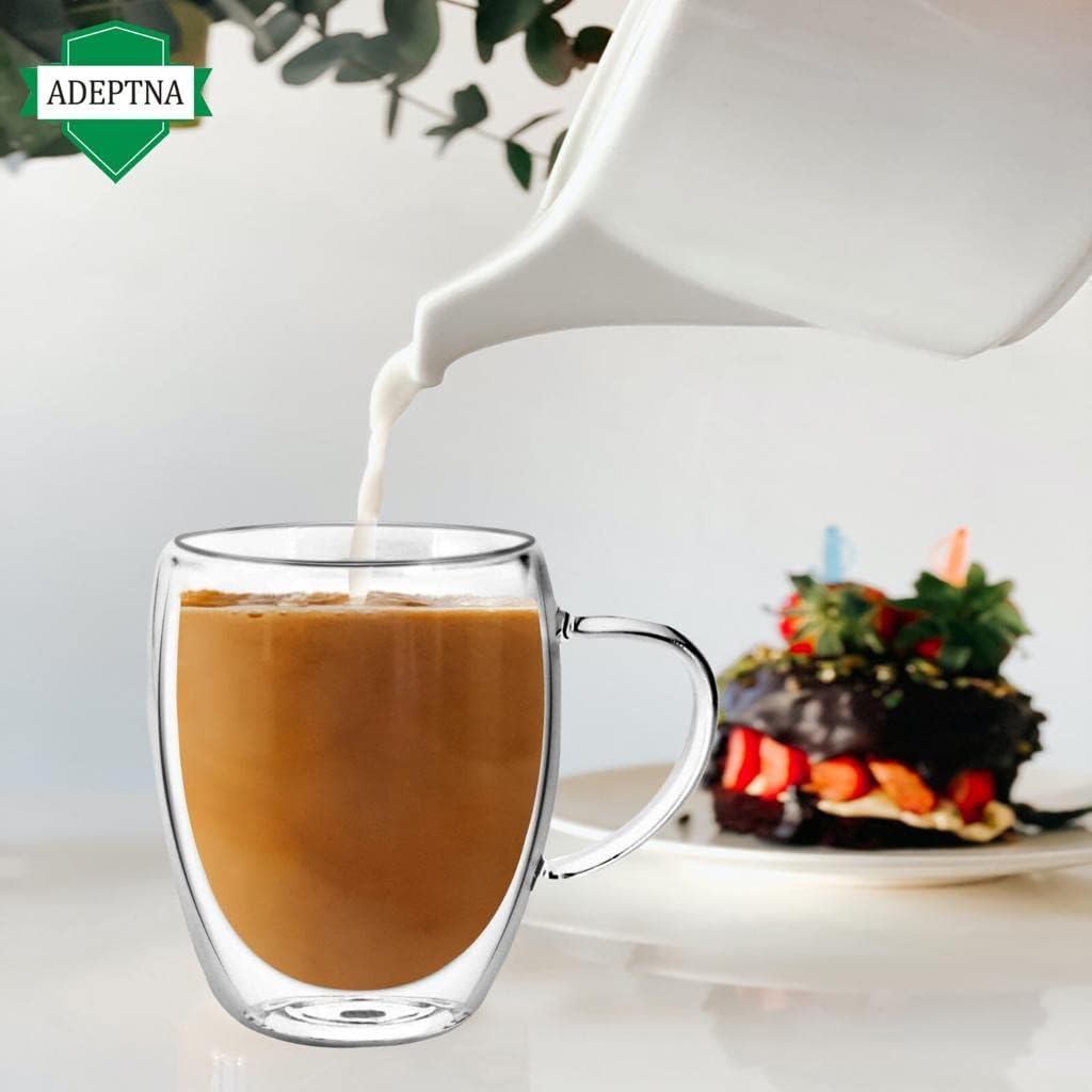 Finest Large Pack of 2 Double Wall Glass Mugs Insulated Glass with Handle - (2 X 350ML)