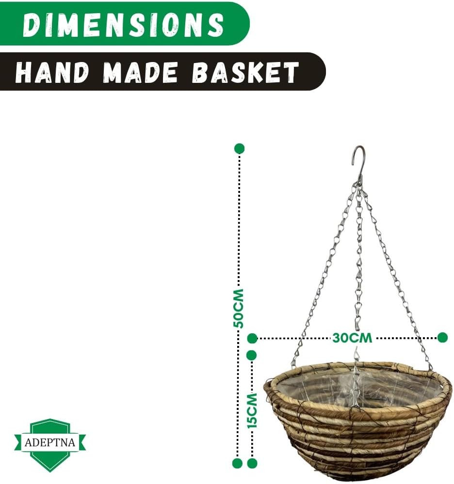 Set of 2 Round Garden Hanging Baskets with Lined and Detachable Hanging Chain (12’’ WICKER ROPE BASKETS)