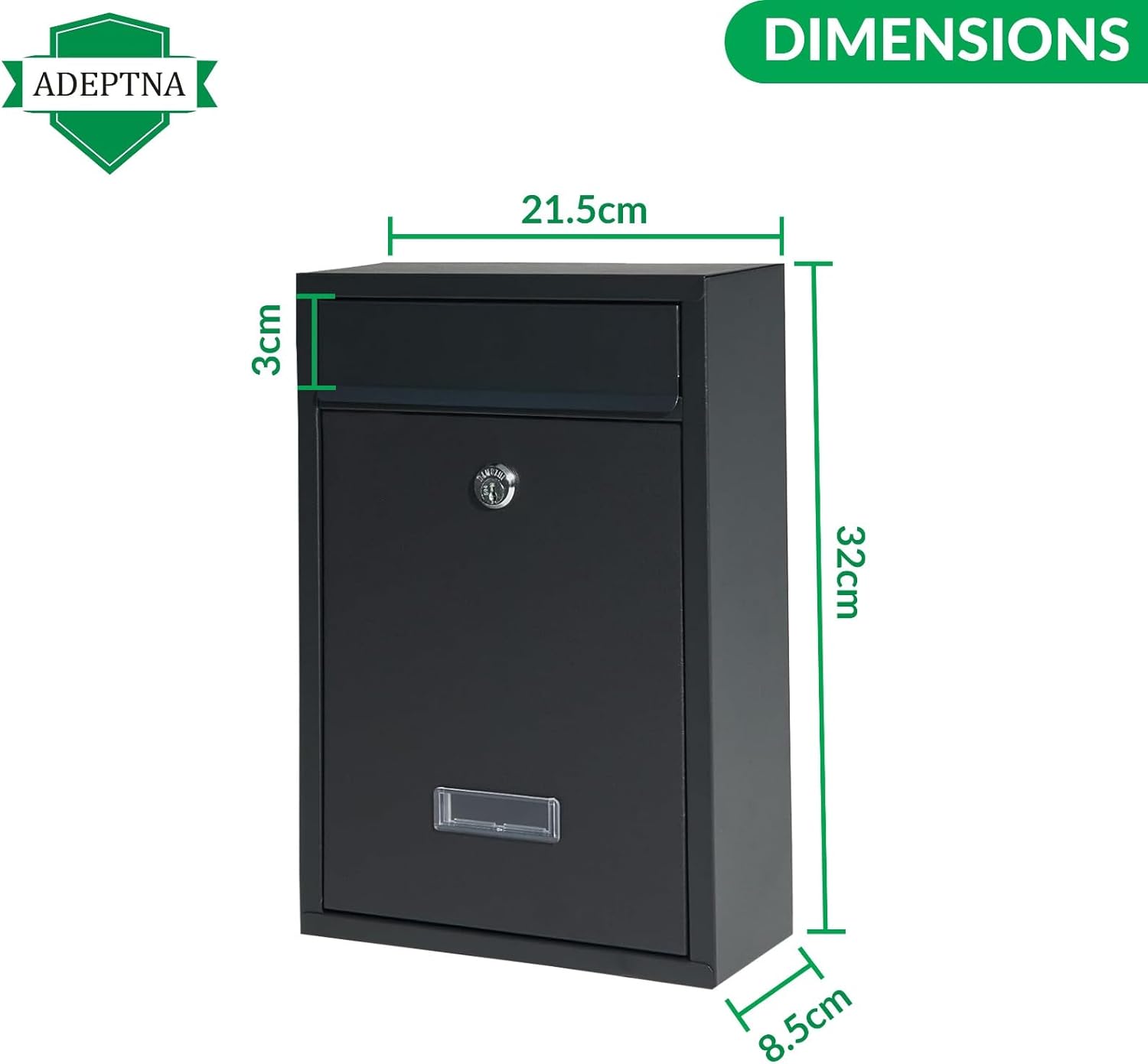 ADEPTNA Wall Mounted Lockable Letter Mail Post Box - Made from Heavy Duty Waterproof Steel Plated Body - Easy to Install Large Letter Post Mail (BLACK)