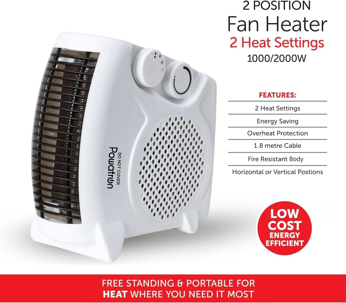 Energy Efficient Electric Portable Fan Heater With 2 Heat Settings 1000/2000W Free