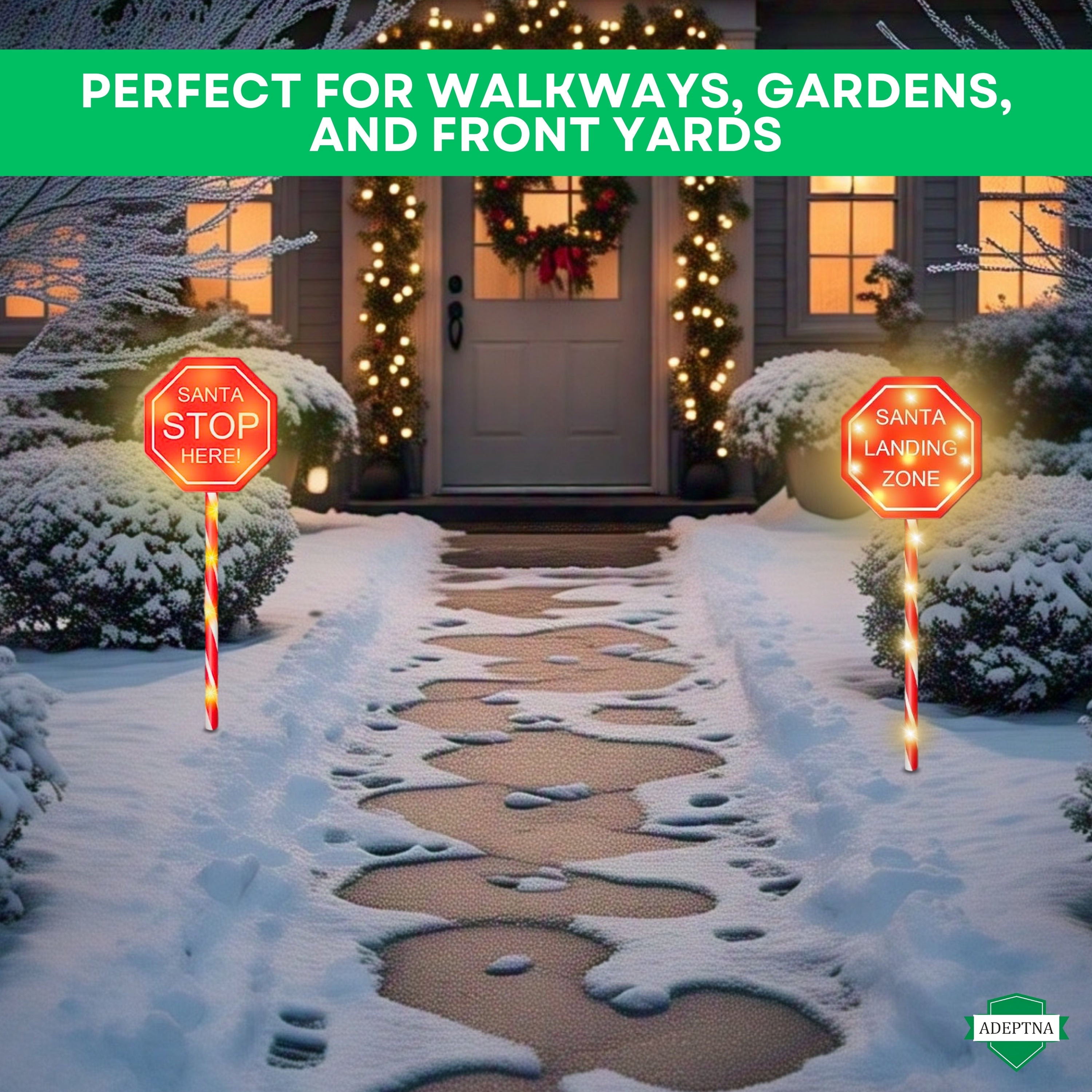 Set of 2 Christmas Light-Up Signs – Double-Sided Design Santa Stop Here & Santa Landing Zone with Ground Stakes