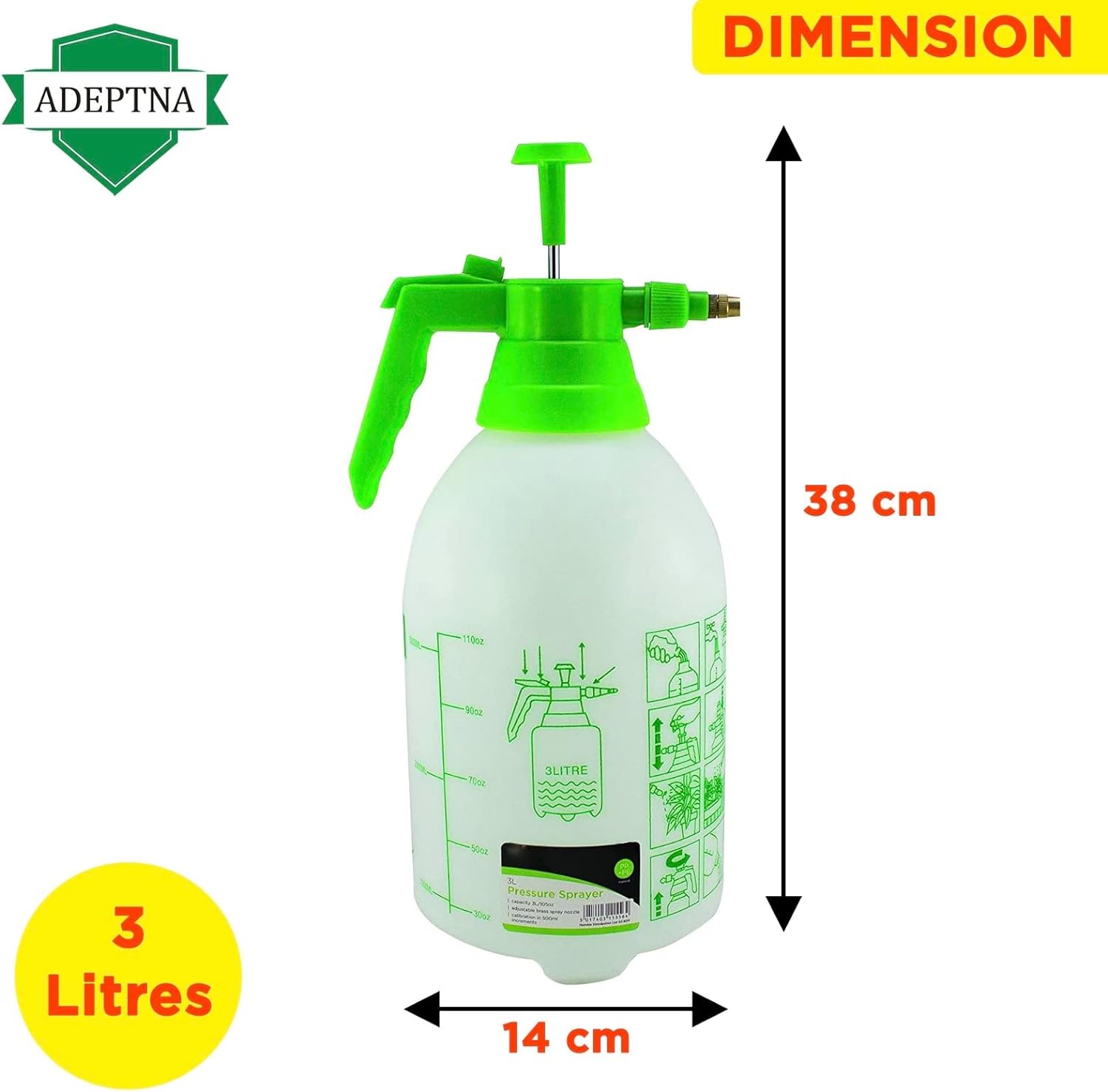 ADEPTNA Garden 3L Pressure Spray Bottle – Adjustable Pump Action Water Sprayer – Ideal for Spraying Water Fertilisers Herbicides Pesticides (3 LITRE)