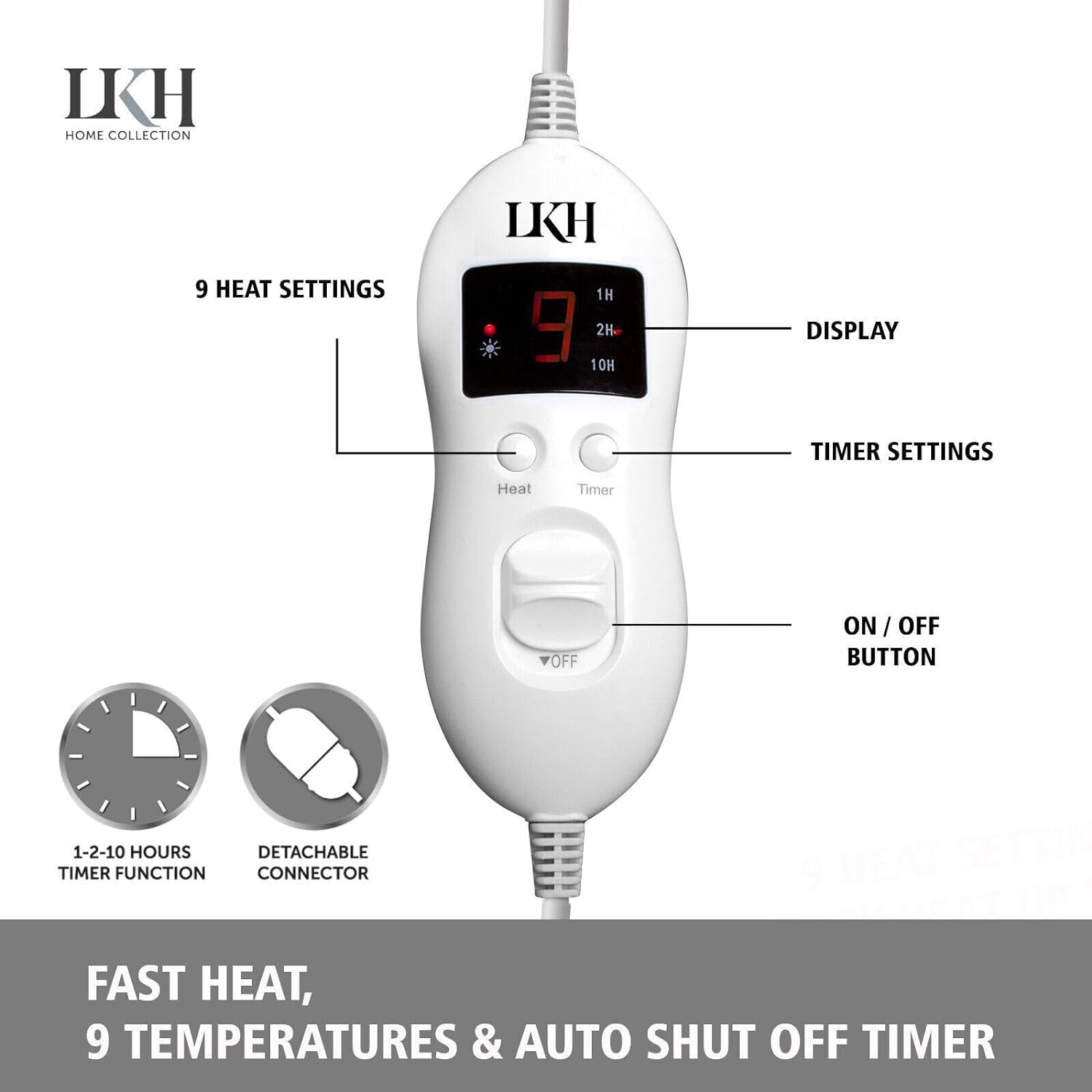 Electric Blanket Heated Throw/Over Blanket With 9 Heat Settings And Timer Function-Soft And Comfortable-Overheat Protection (GREY)