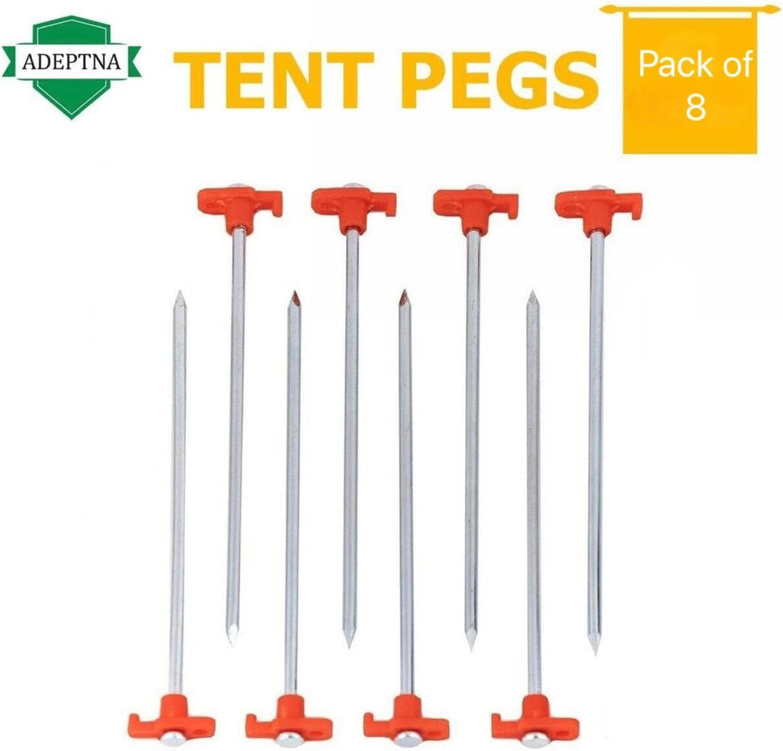 ADEPTNA Large Pack of 8 Heavy Duty Storm Proof Galvanized Steel Rust Proof Tent Pegs With 4 Pack Tent Guy Ropes Reflective with Tension Adjuster