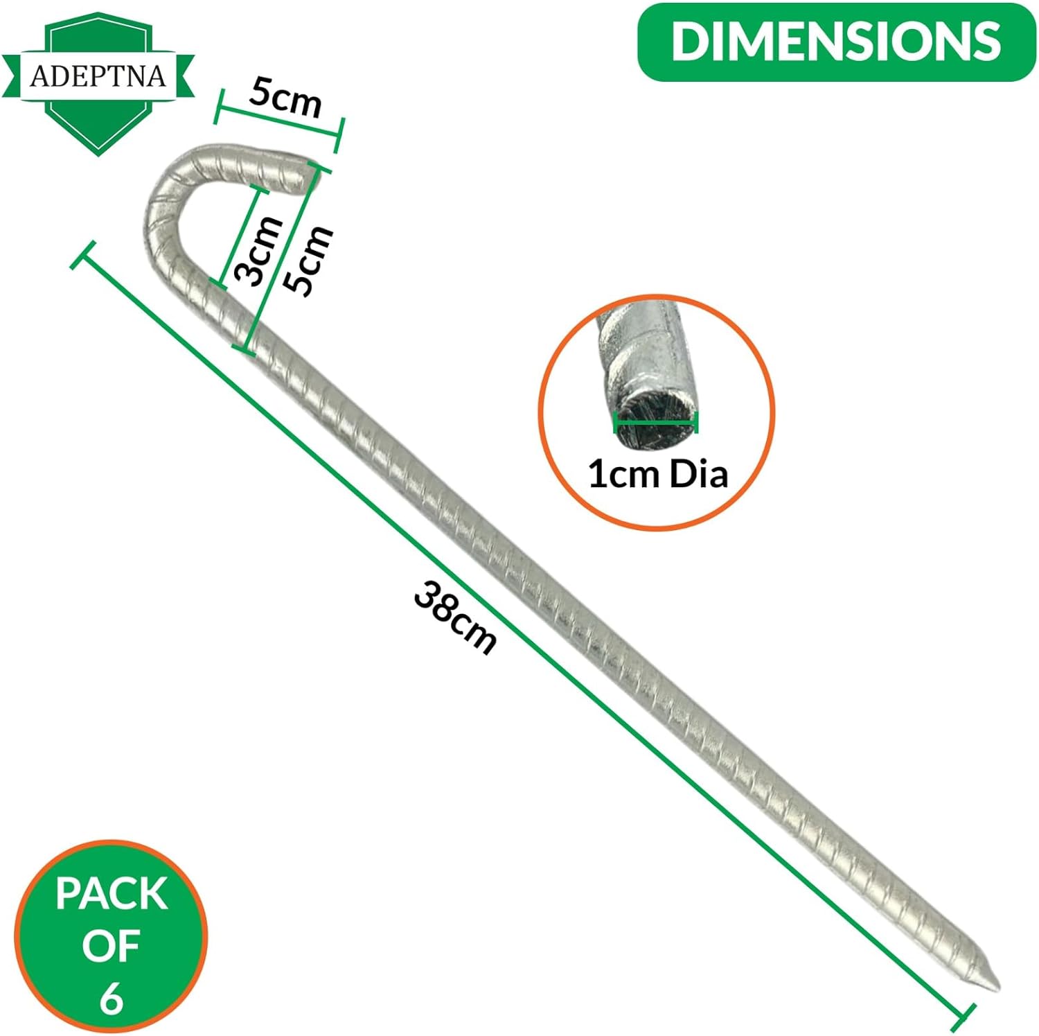Heavy Duty Steel Pack of 6 Anti-Rust Galvanised Steel Marquee Ground Stakes 38cm Tent Pegs Solid Steel Rebar for Reliable and Long Use