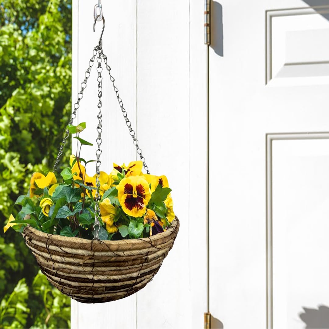 Set of 2 Round Garden Hanging Baskets with Lined and Detachable Hanging Chain (12’’ WICKER ROPE BASKETS)