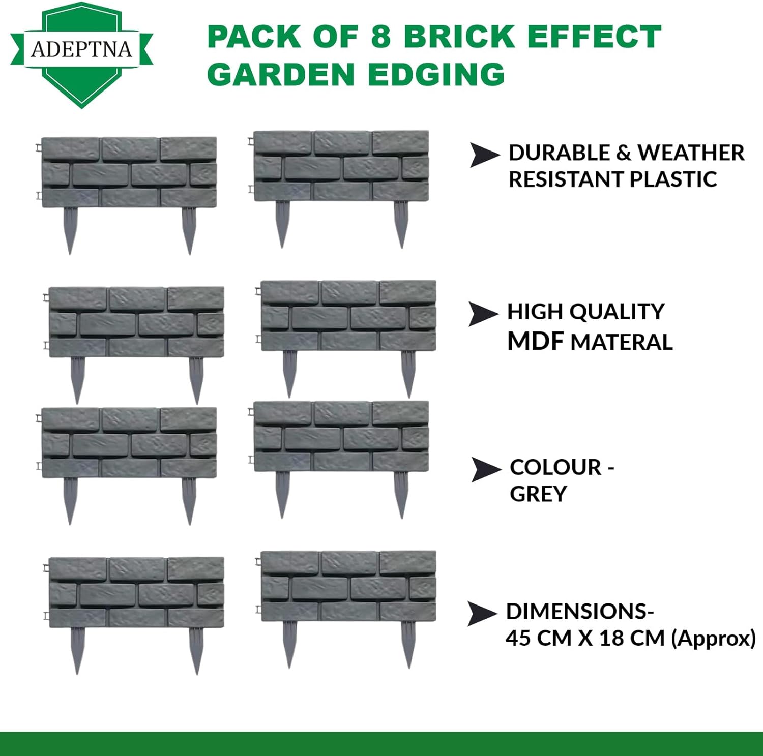 ADEPTNA Brick Panel Garden Edging Fence (Grey) - 8 Pack