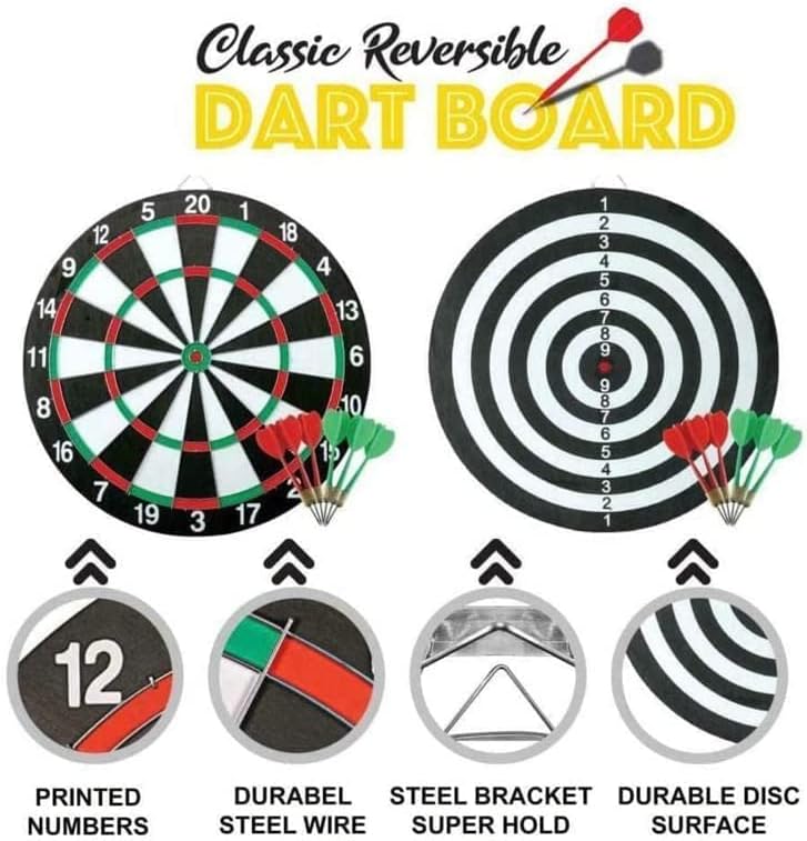 ADEPTNA Premium 43cm Dartboard Set Double Sided Professional Classic Reversible Dartboard Party Set – Hard Wearing Dart board Game with Six Darts