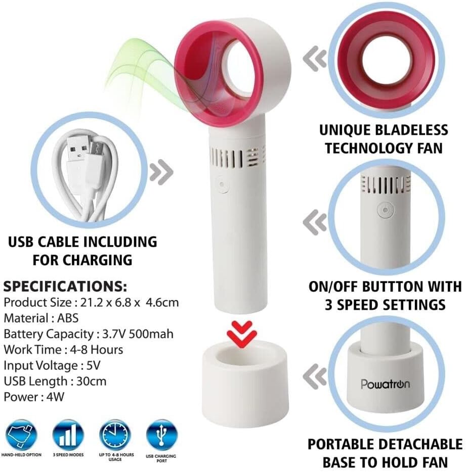 ADEPTNA Quick Cool Portable Bladeless Fan Hand Held Desktop Mini Portable USB Rechargeable Cooler Fan – 3 Speed Modes (WHITE)