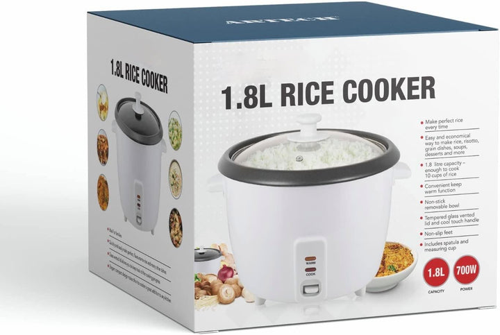 ADEPTNA Premium Rice Cooker Non-Stick Removable Bowl – Cook and Warm Functions - Includes Measuring Cup and Spoon (1.8L CAPACITY)