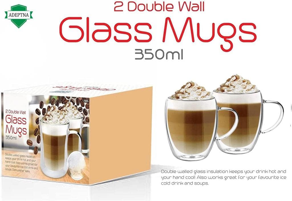 Finest Large Pack of 2 Double Wall Glass Mugs Insulated Glass with Handle - (2 X 350ML)