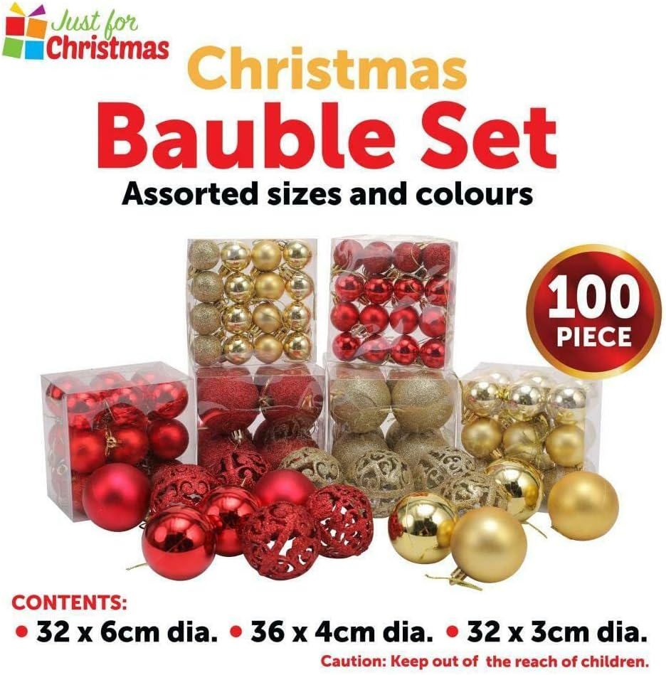 ADEPTNA Premium Assorted 100 Pack Christmas Tree Bauble Set – Shatterproof Baubles Gold and Red Decoration Set Hanging Ornament Xmas Trees – Reusable Xmas Bauble Balls