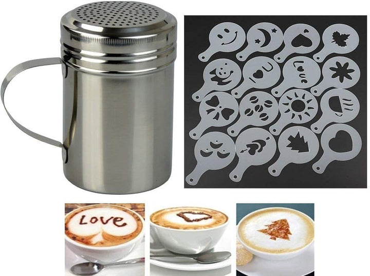 ADEPTNA Stainless Steel Chocolate Shaker with Handle and 16 Cappuccino Coffee Barista Stencils