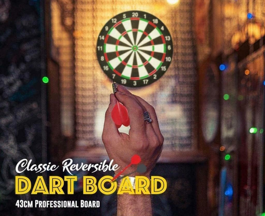 ADEPTNA Premium 43cm Dartboard Set Double Sided Professional Classic Reversible Dartboard Party Set – Hard Wearing Dart board Game with Six Darts
