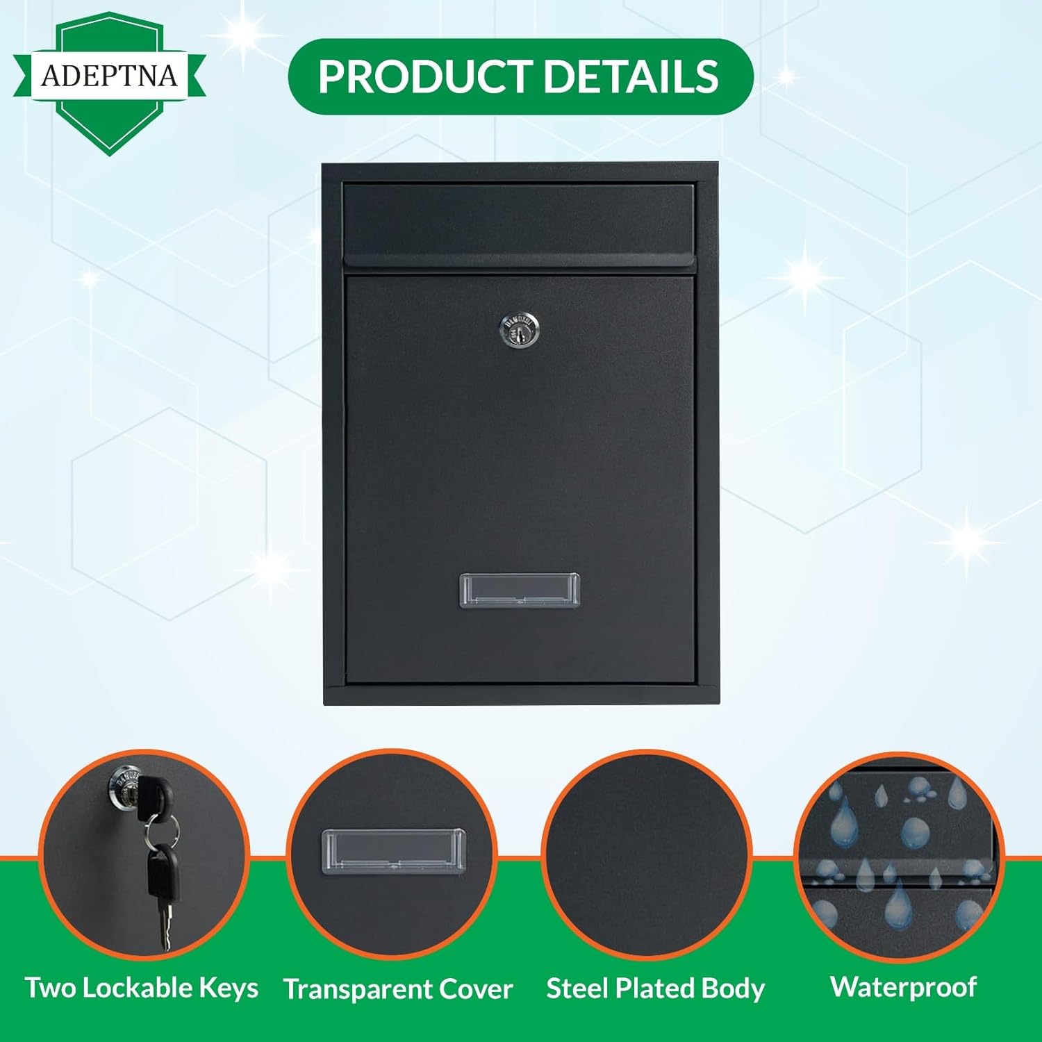 ADEPTNA Wall Mounted Lockable Letter Mail Post Box - Made from Heavy Duty Waterproof Steel Plated Body - Easy to Install Large Letter Post Mail (BLACK)