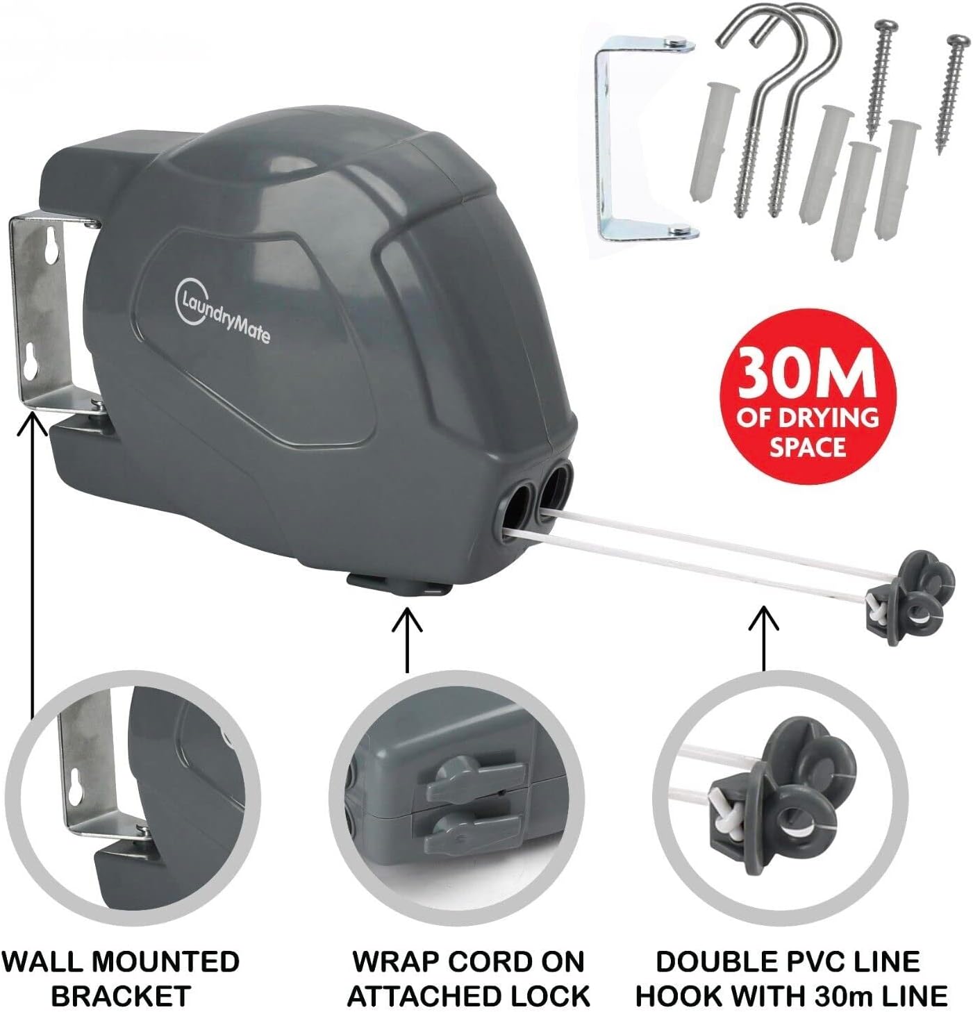 Automatic Retractable Washing Line Double Rope Wall Mount Laundry Hanger – (30m DOUBLE ROPE 2 x 15m)