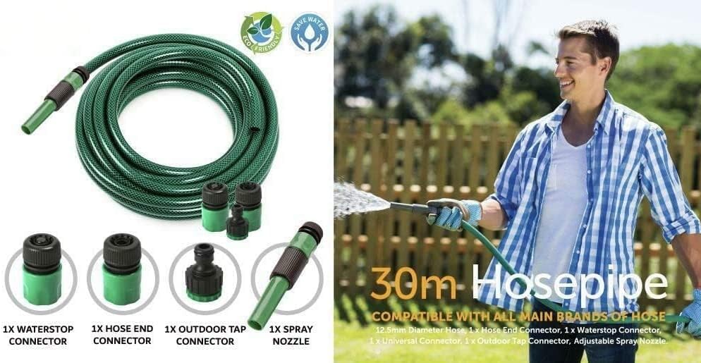 Garden Green Reinforced PVC Hose Pipe Reel Watering Hosepipe 3 Layer Hose with Nozzle and Fittings (30 Meter)