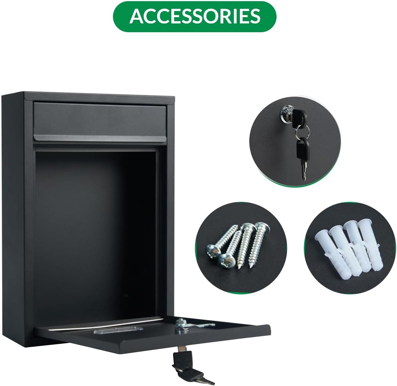 ADEPTNA Wall Mounted Lockable Letter Mail Post Box - Made from Heavy Duty Waterproof Steel Plated Body - Easy to Install Large Letter Post Mail (BLACK)