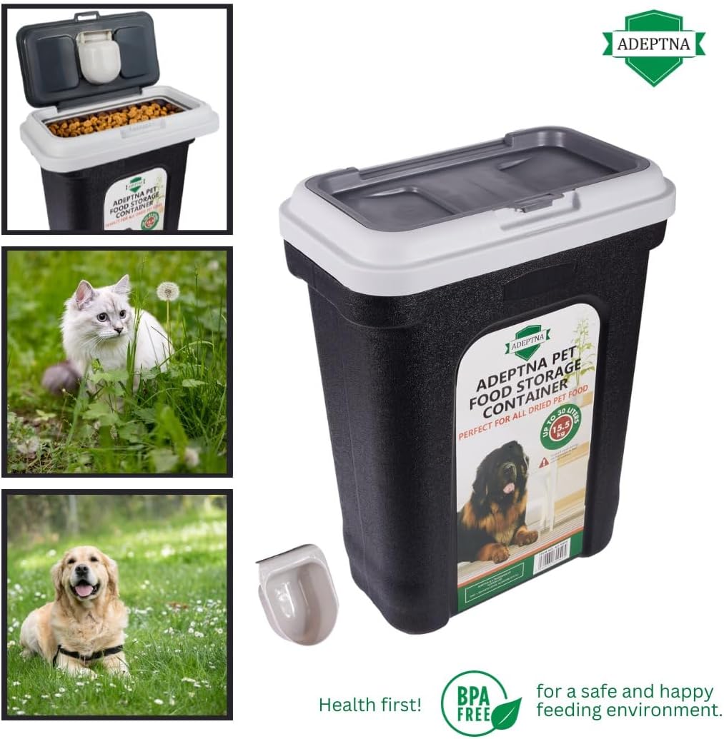 Large 30L Pet Food Storage Container Flip Top Locking System with Integrated Scoop GREY