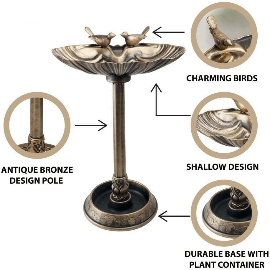ADEPTNA Premium Traditional Weatherproof Large Bird Bath with Planter – Bronze Effect with bird figurines Garden Décor Ornament Freestanding Bird Feeder – Perfect for Patios Garden Deck