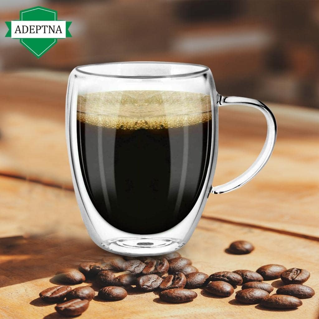 Finest Large Pack of 2 Double Wall Glass Mugs Insulated Glass with Handle - (2 X 350ML)