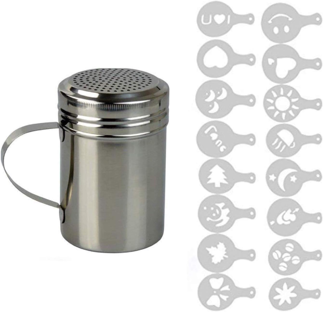 ADEPTNA Stainless Steel Chocolate Shaker with Handle and 16 Cappuccino Coffee Barista Stencils