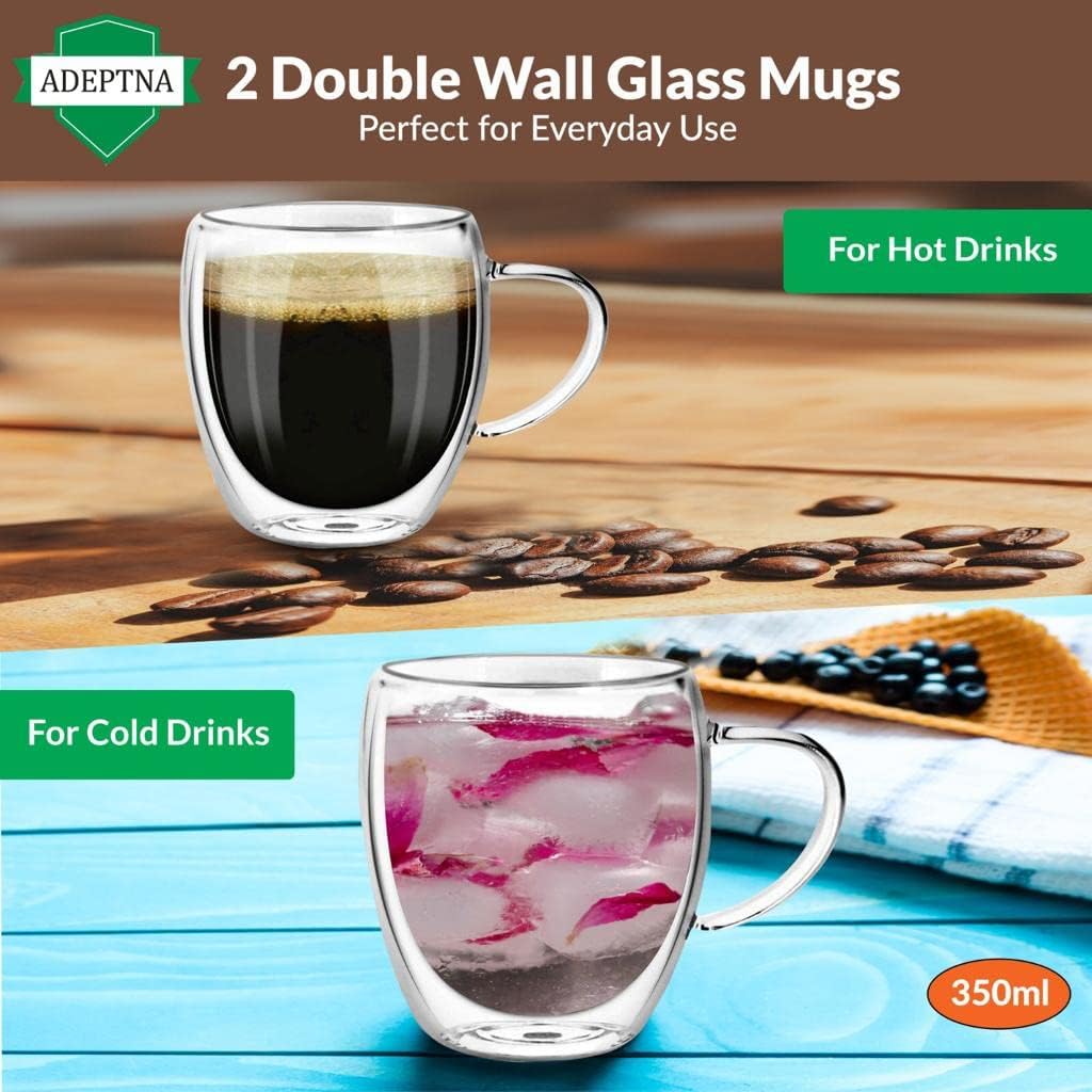Finest Large Pack of 2 Double Wall Glass Mugs Insulated Glass with Handle - (2 X 350ML)