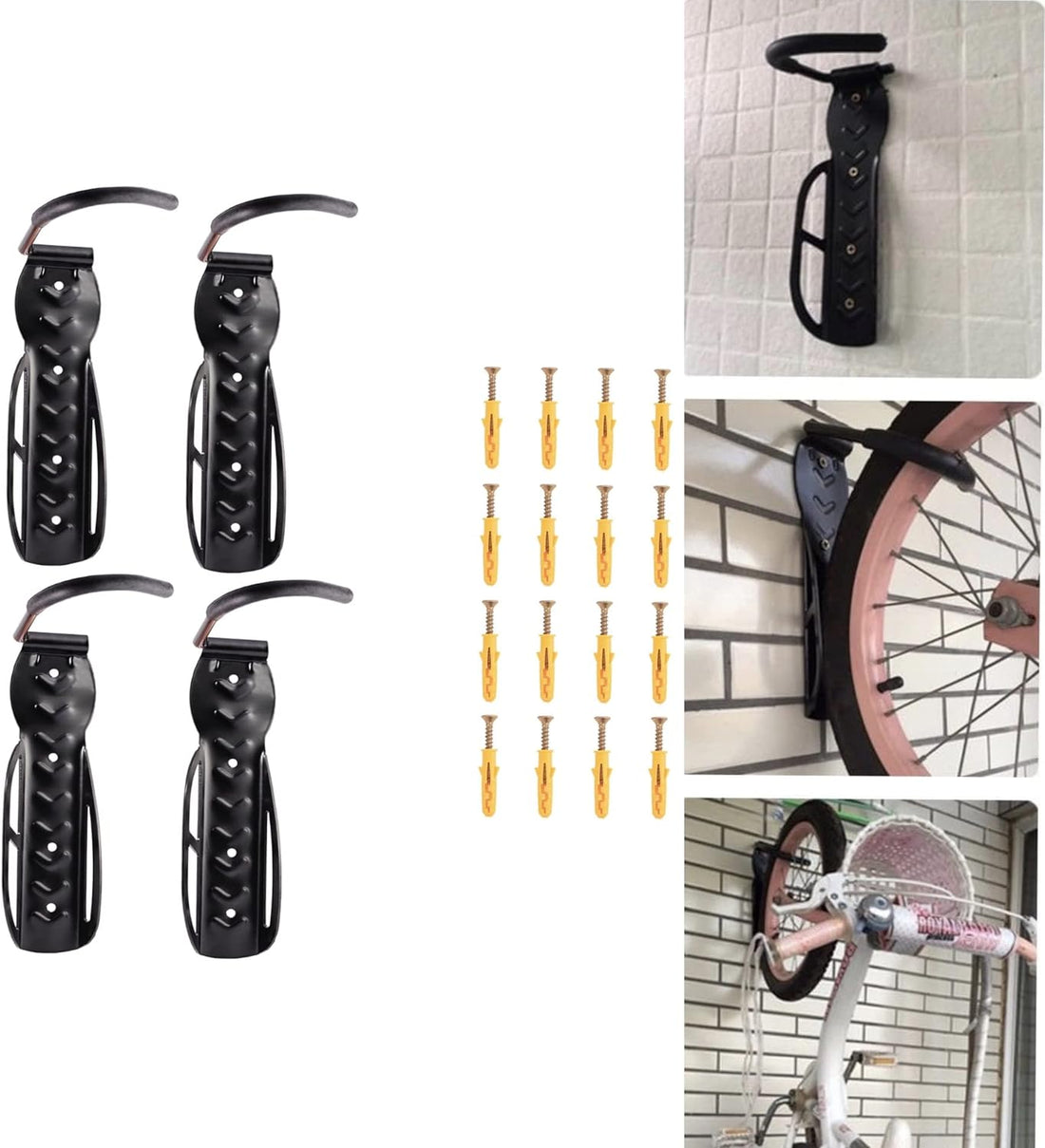 Set of 4 Heavy Duty Vertical Wall Mounted Bicycle Storage Hanging Hooks