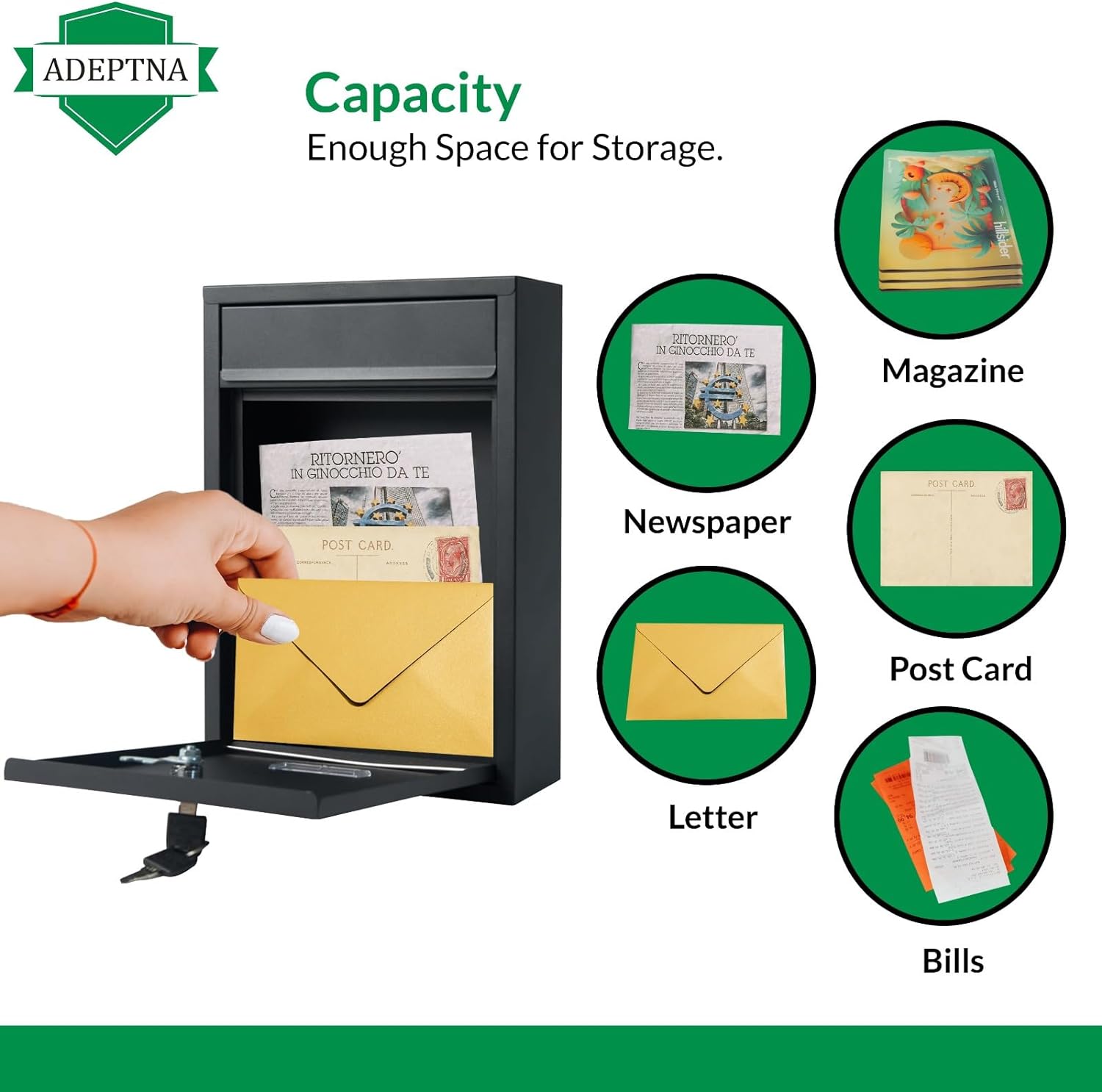 ADEPTNA Wall Mounted Lockable Letter Mail Post Box - Made from Heavy Duty Waterproof Steel Plated Body - Easy to Install Large Letter Post Mail (BLACK)