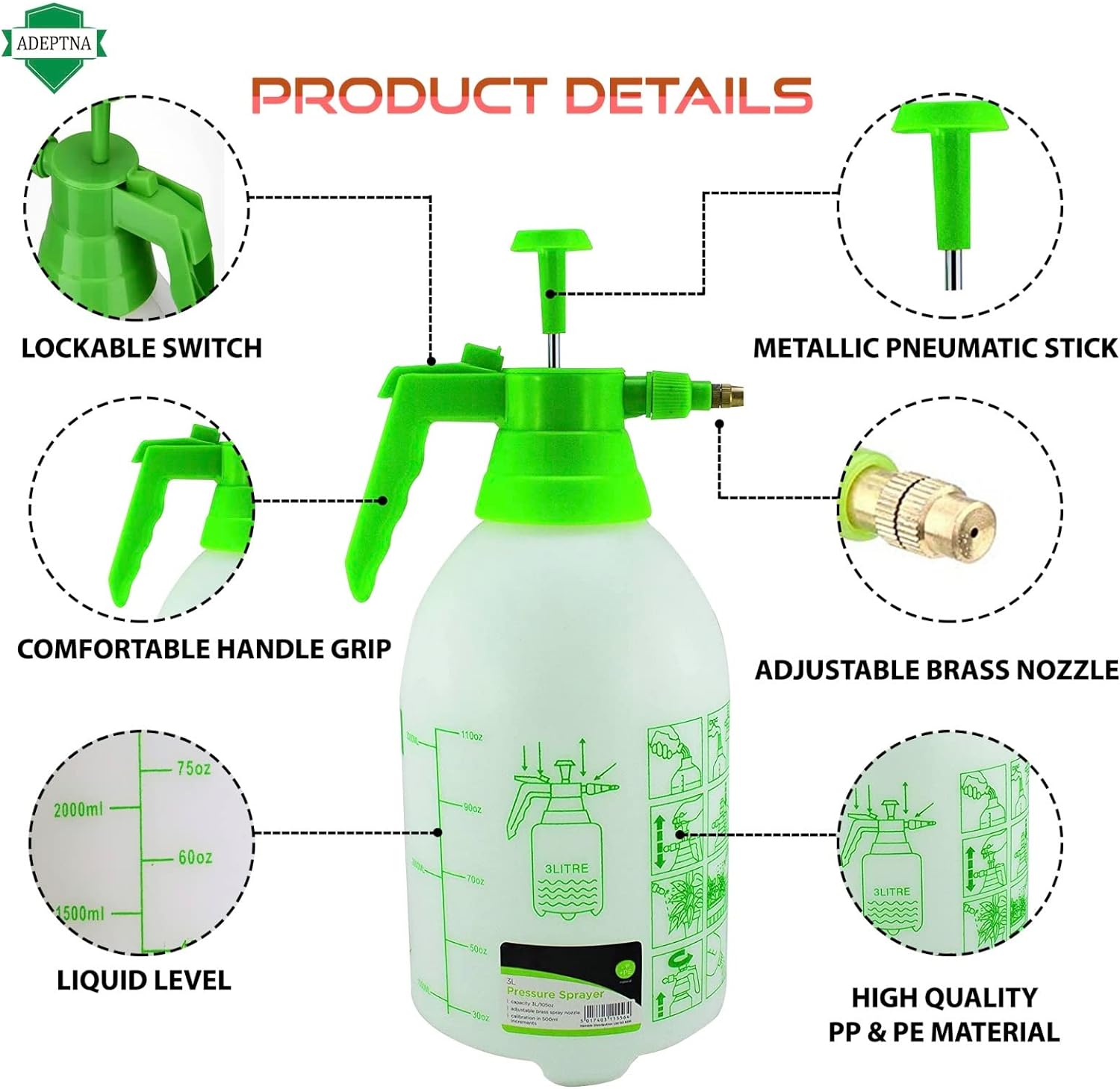 ADEPTNA Garden 3L Pressure Spray Bottle – Adjustable Pump Action Water Sprayer – Ideal for Spraying Water Fertilisers Herbicides Pesticides (3 LITRE)