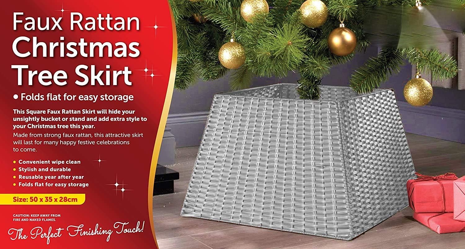 ADEPTNA Premium Christmas Square Faux Rattan Tree Skirt – Folds Flat When Not In Use – Unique Xmas Style Faux Rattan Tree Skirt (GREY)