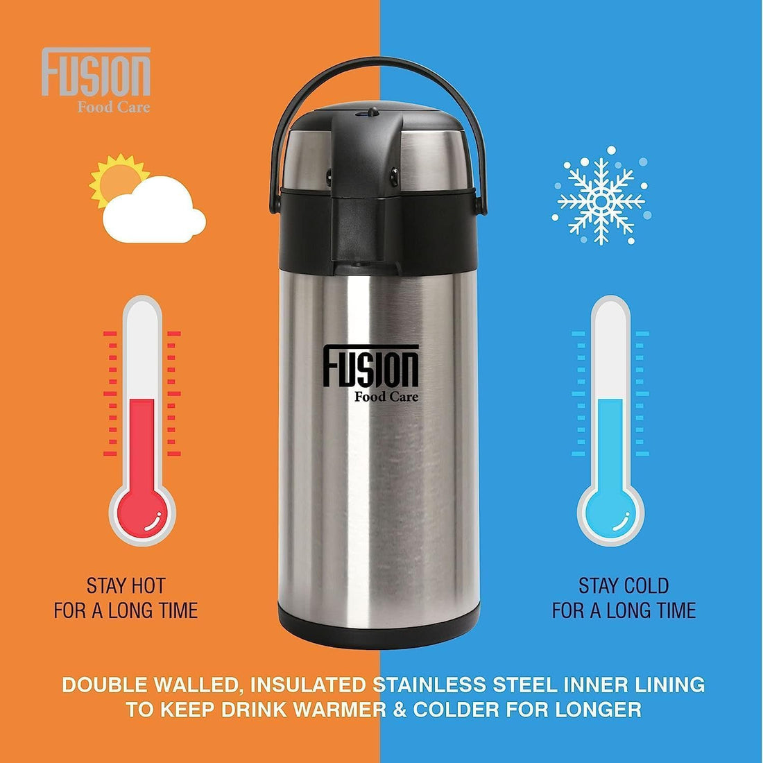 Stainless Steel Double Wall Air Pot Hot Tea Coffee Drinks Vacuum Insulated Flask Pump Action -