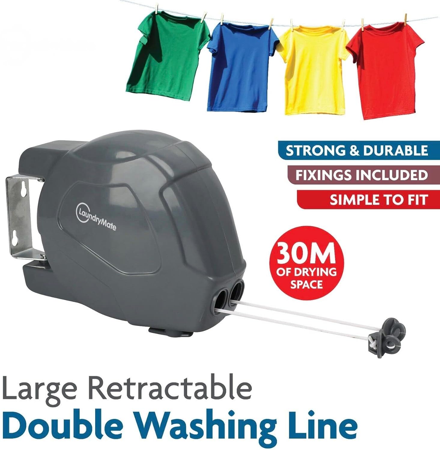 Automatic Retractable Washing Line Double Rope Wall Mount Laundry Hanger – (30m DOUBLE ROPE 2 x 15m)