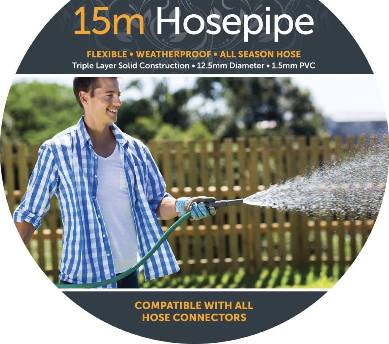 ADEPTNA Garden Green Hose Pipe Reel Watering HOSEPIPE Triple Layer with Connectors (15M)