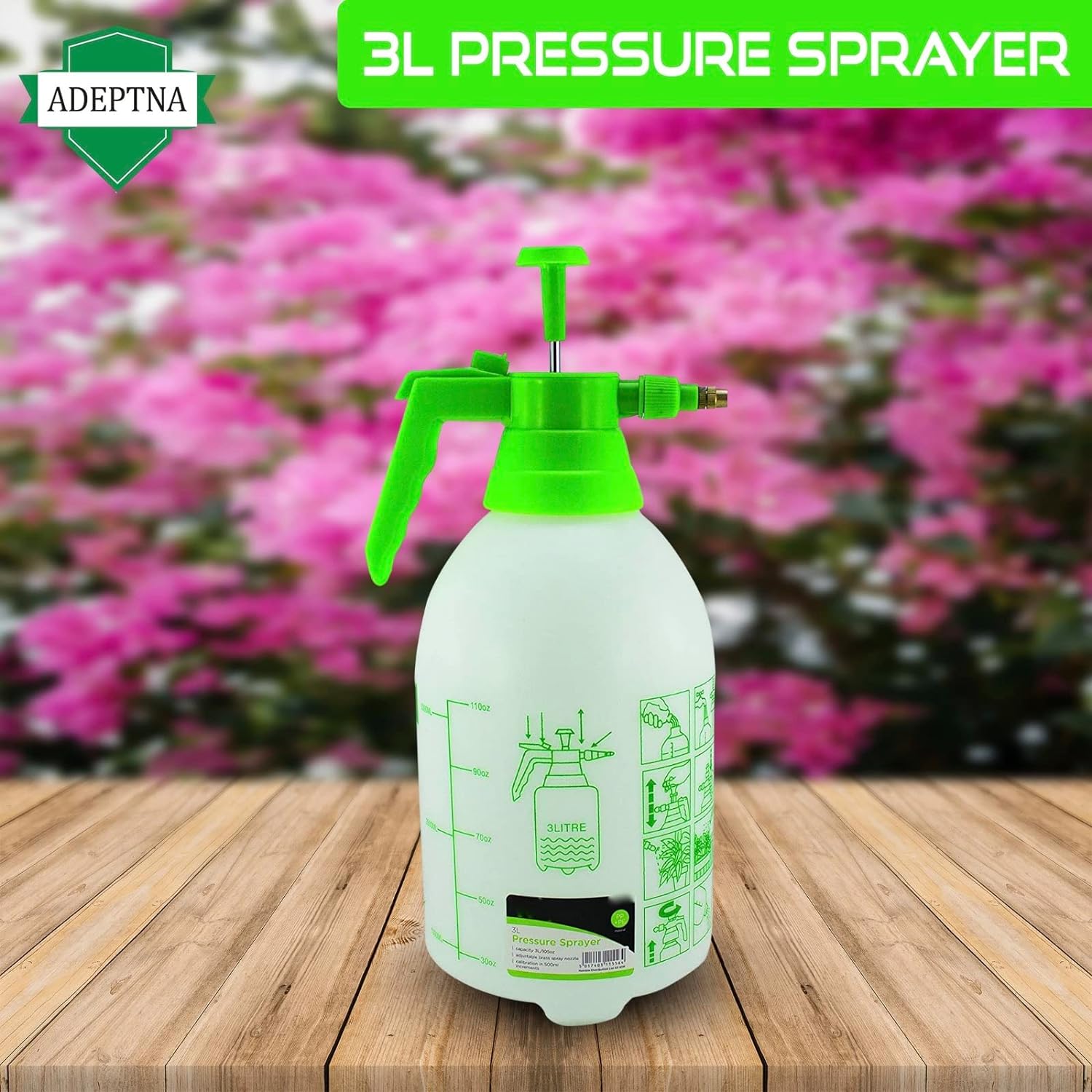 ADEPTNA Garden 3L Pressure Spray Bottle – Adjustable Pump Action Water Sprayer – Ideal for Spraying Water Fertilisers Herbicides Pesticides (3 LITRE)