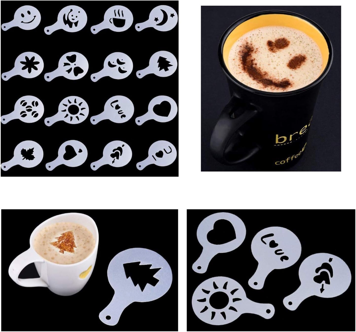 ADEPTNA Stainless Steel Chocolate Shaker with Handle and 16 Cappuccino Coffee Barista Stencils