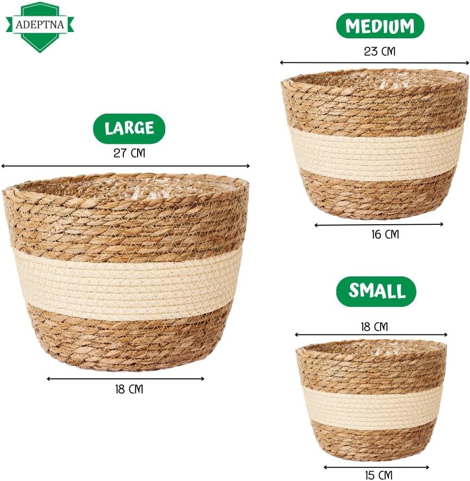 ADEPTNA 3pcs Wicker Plant Basket with Liner – 3 Sizes Seagrass Woven Natural Planter Baskets Home Decorative Plant Pot for Flowers Plants Trees Baskets for Indoor Outdoor Home Decoration