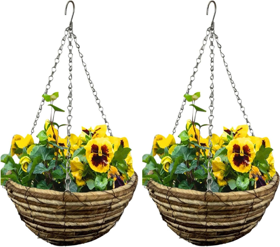 Set of 2 Round Garden Hanging Baskets with Lined and Detachable Hanging Chain (12’’ WICKER ROPE BASKETS)