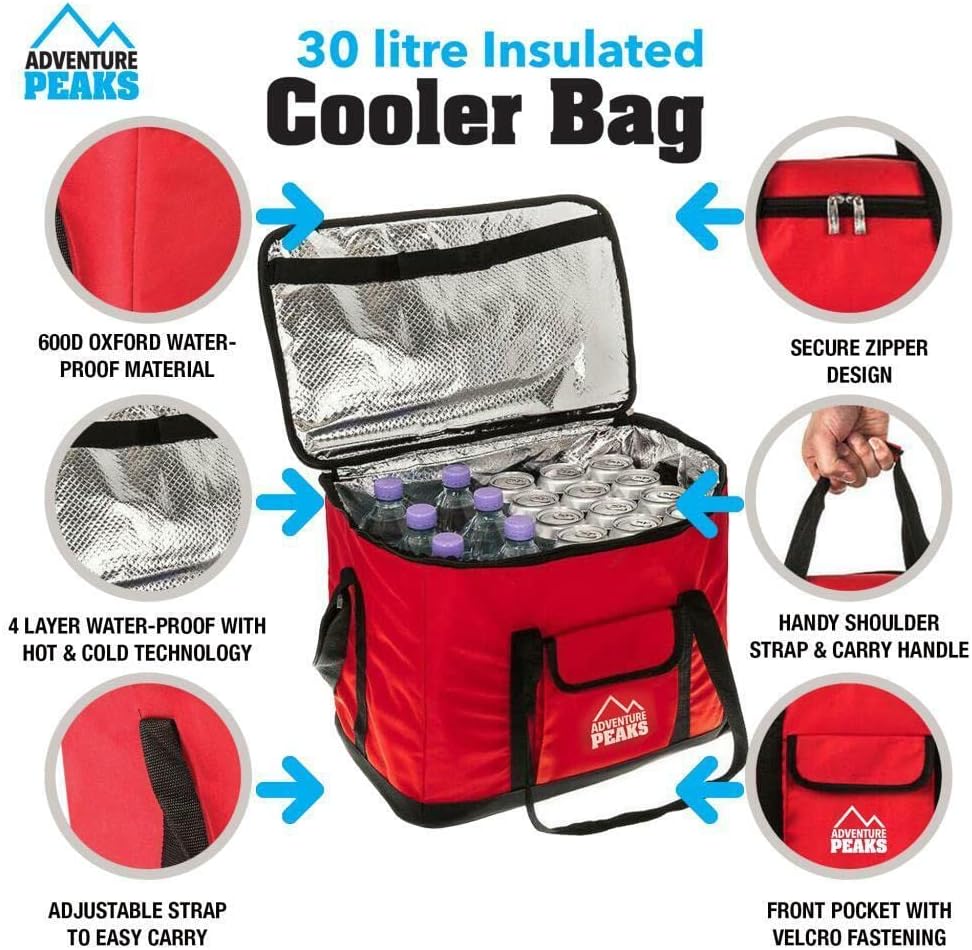 ADEPTNA Portable Lightweight Extra Large 30 Litre 60 Can Insulated Cooler Cool Bag Collapsible