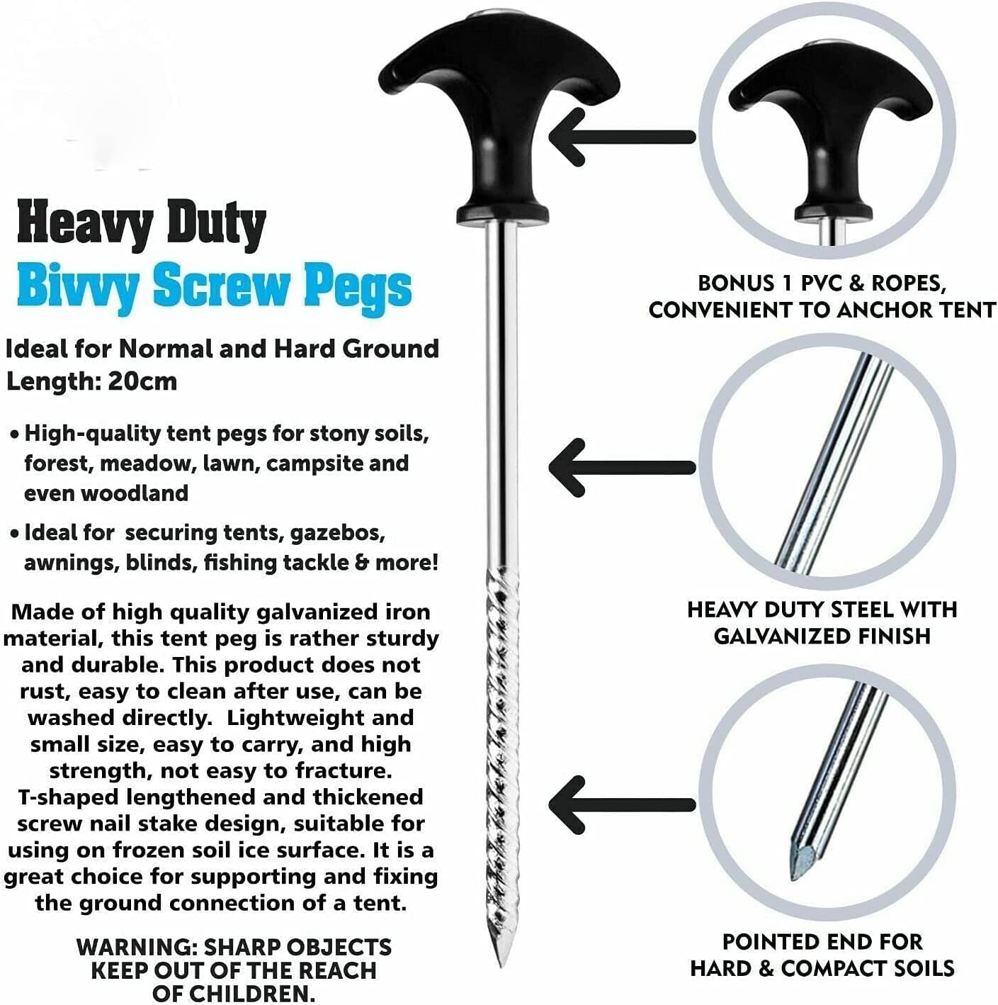 Heavy Duty 10 Pack Spiral Thread Steel Tent Pegs Screw Hooks 20cm Ground Stakes Storm-Proof and Rust Proof –