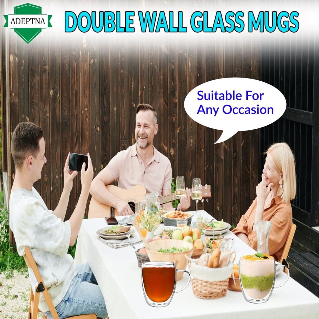 Finest Large Pack of 2 Double Wall Glass Mugs Insulated Glass with Handle - (2 X 350ML)