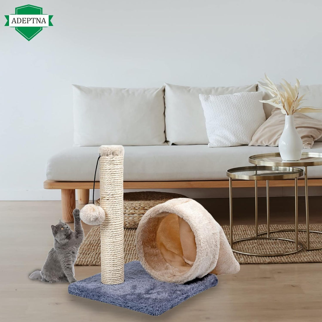 Cat Kitten Sisal Design Scratching Post with Tunnel and Plush ball –