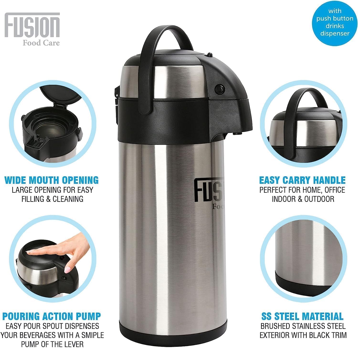 Stainless Steel Double Wall Air Pot Hot Tea Coffee Drinks Vacuum Insulated Flask Pump Action -