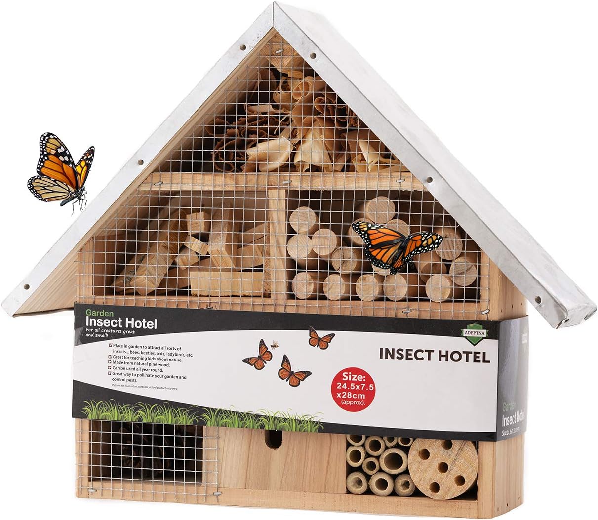 ADEPTNA Wooden Garden Insect Hotel for all Creatures Great and Small - Nest Home for Bees Beetles Ants Ladybirds and all Sorts of Insects (LARGE INSECT HOTEL)