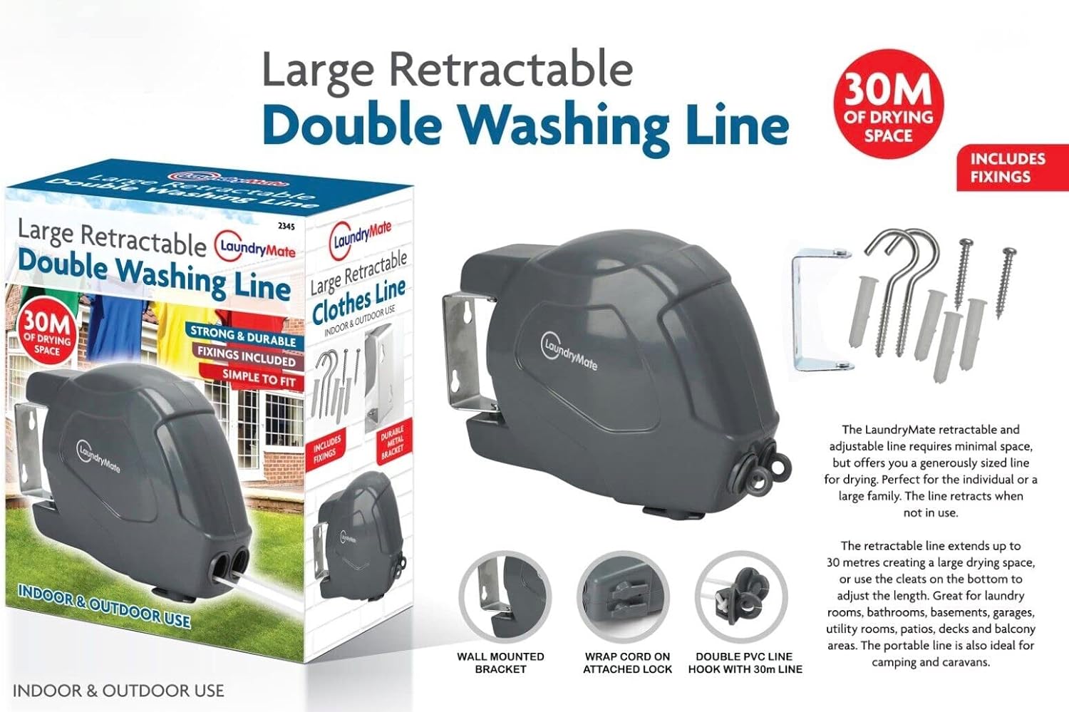 Automatic Retractable Washing Line Double Rope Wall Mount Laundry Hanger – (30m DOUBLE ROPE 2 x 15m)