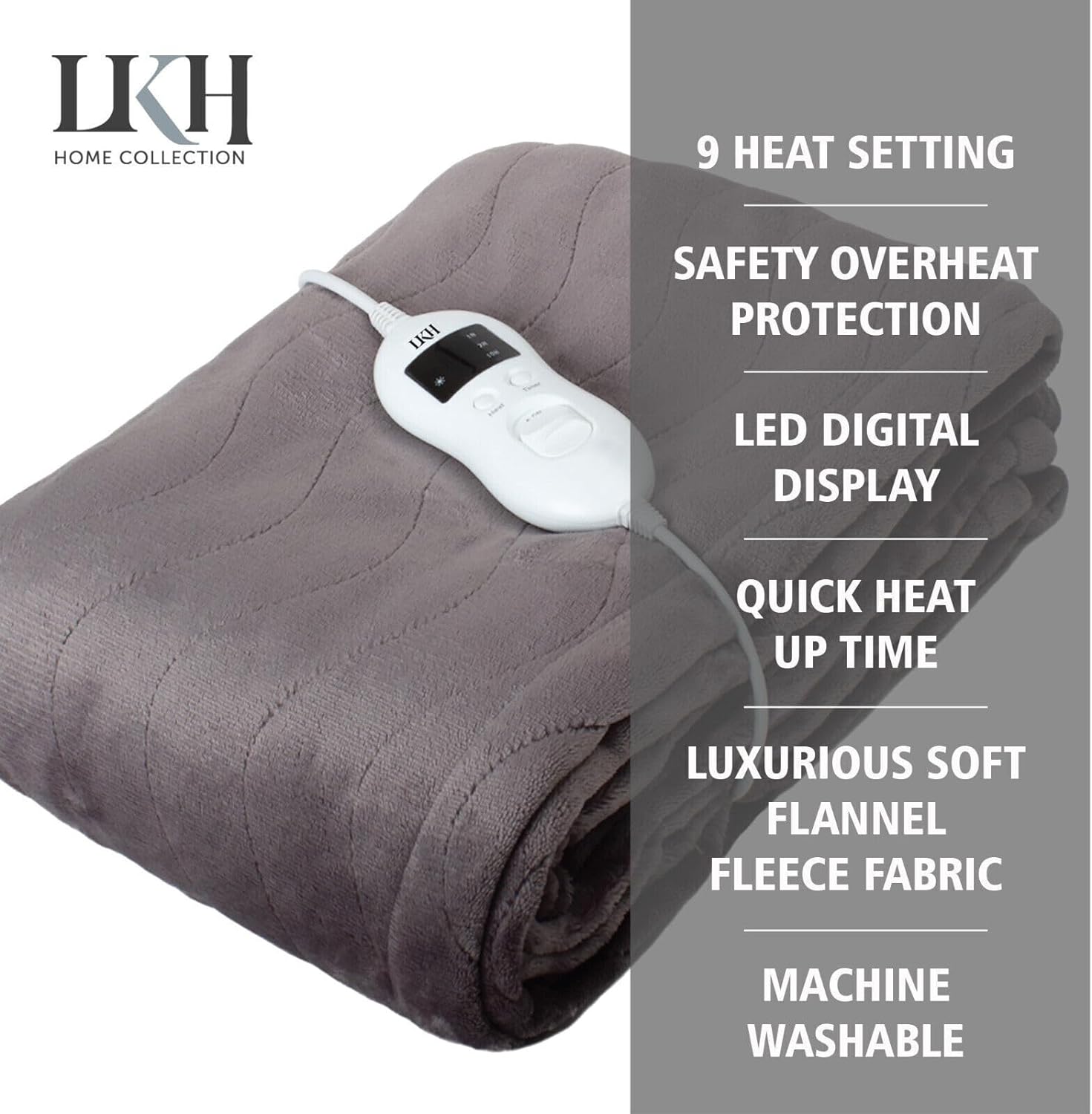 Electric Blanket Heated Throw/Over Blanket With 9 Heat Settings And Timer Function-Soft And Comfortable-Overheat Protection (GREY)