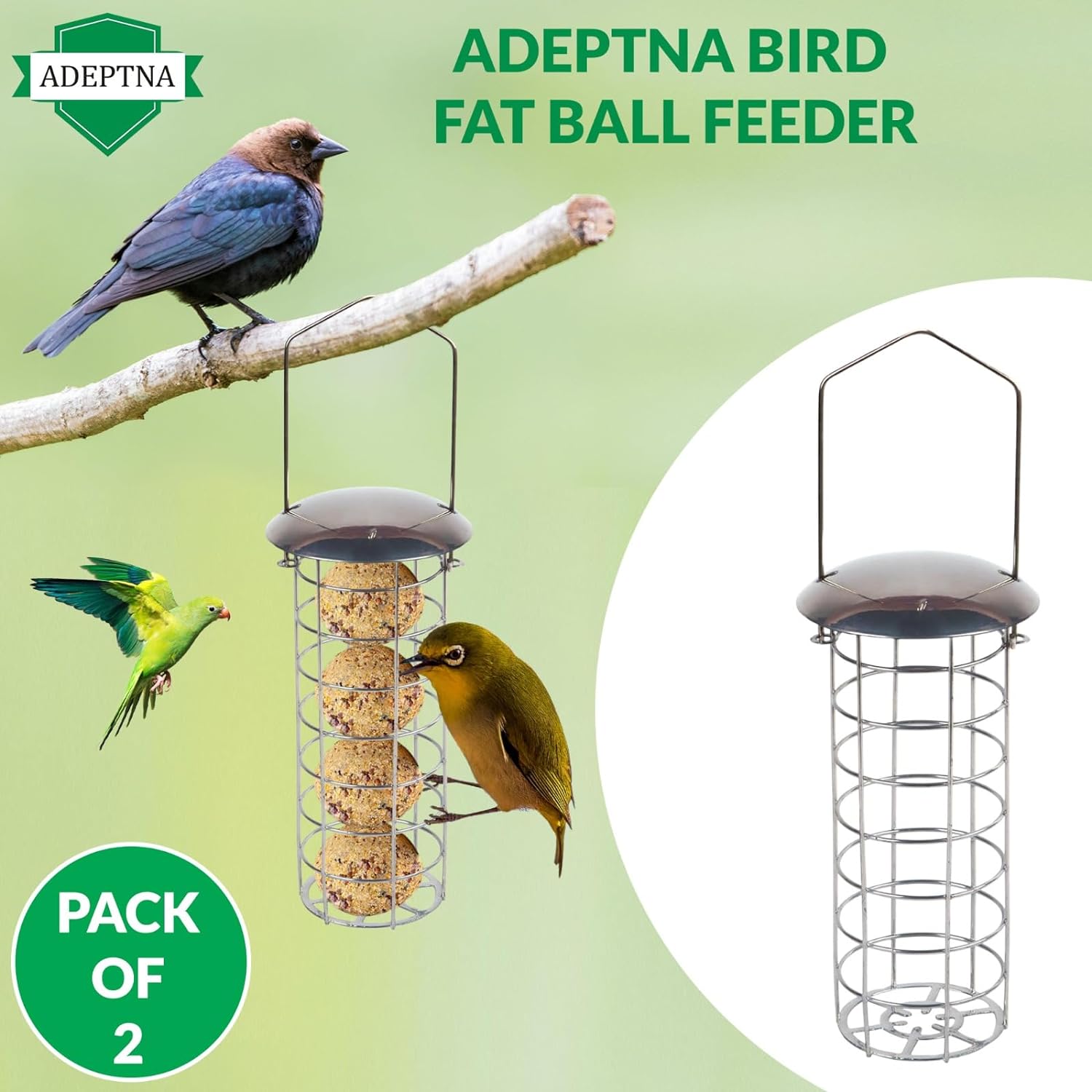 ADEPTNA Deluxe Set of 2 Garden Hanging Wild Bird Feeder Container Outdoor - Water Resistant Great for Attracting Birds (FAT BALL FEEDER)