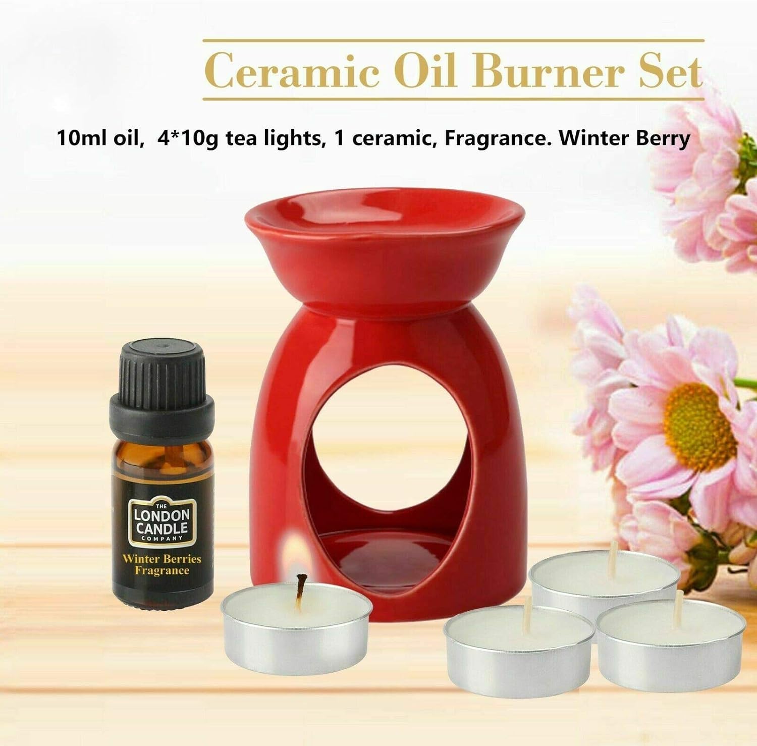 CERAMIC OIL BURNER GIFT SET WITH 4 TEA LIGHT CANDLES AND AROMATIC OIL